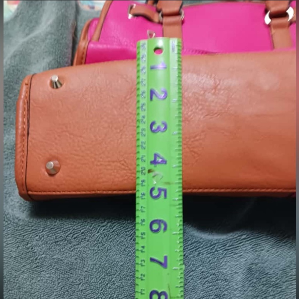 Reddish Coral and Tan MK Satchel with Structured Design - Picture 6 of 7